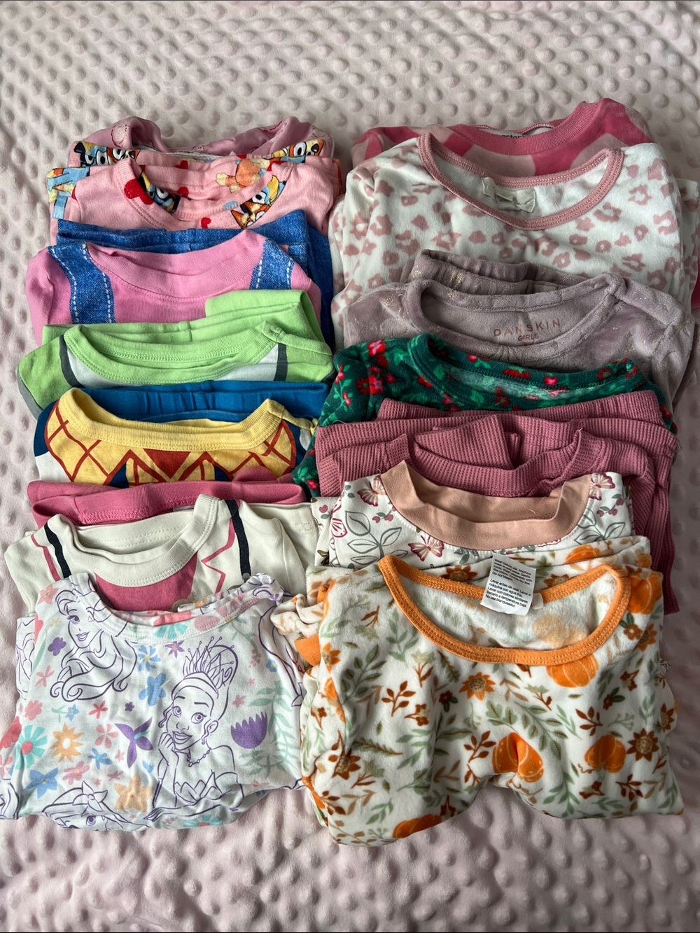14 Pairs of Girls' Pajama Sets - Assorted Pink, Green, Blue, Peach, White